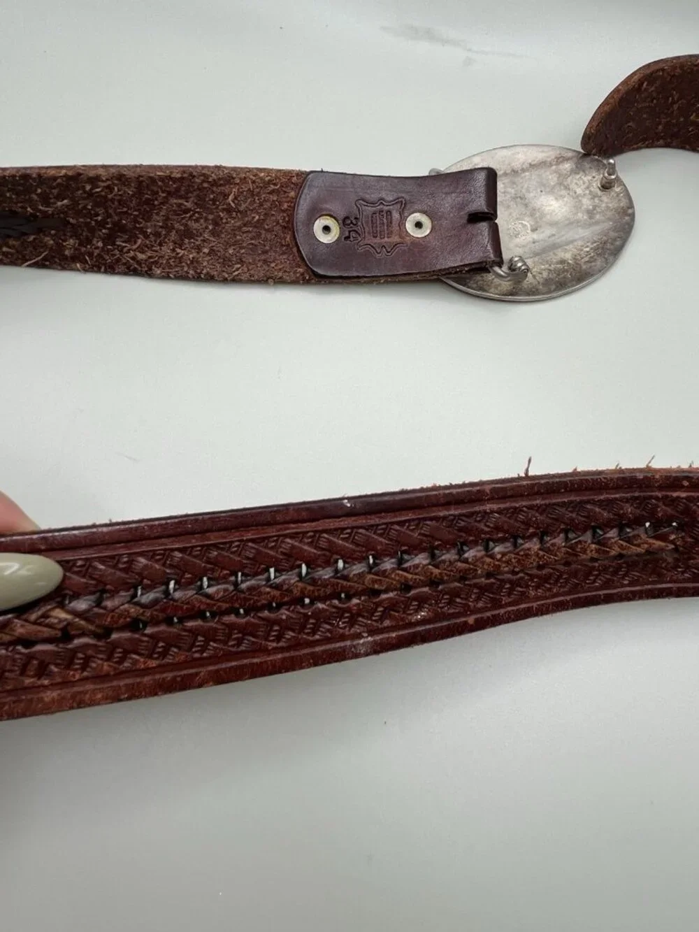 VTG Mexican Alpaca Silver Kokopelli Abalone Tooled Leather Belt Western 34”